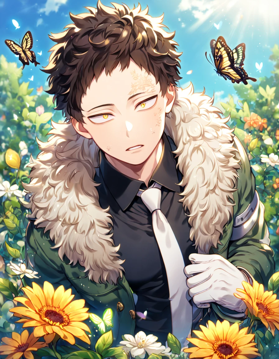 absurdres, highres, ultra detailed, HDR, master piece, best quality, extremely detailed face, delicated features, Overhaul, dark brown hair, short hair, short bangs, expressive yellow eyes, Boku No Hero Academia, solo, sexy man, handsome, adult, dark green coat with fur collar, black shirt, white necktie, white gloves, fantasy, magical, butterflies, summer, green leaves, flowers, blue sky, garden