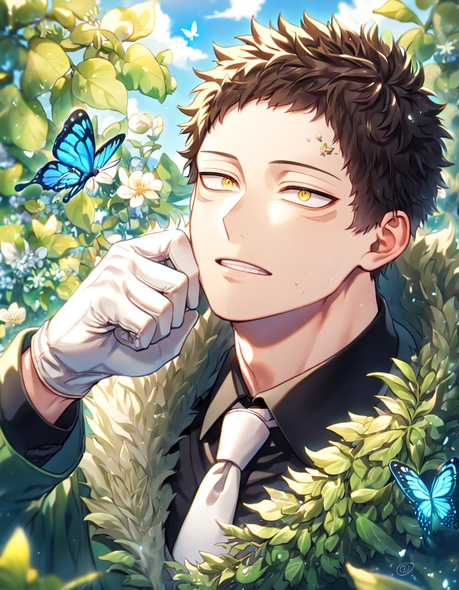 absurdres, highres, ultra detailed, HDR, master piece, best quality, extremely detailed face, delicated features, Overhaul, dark brown hair, short hair, short bangs, expressive yellow eyes, Boku No Hero Academia, solo, y man, handsome, adult, dark green coat with fur collar, black shirt, white necktie, white gloves, fantasy, magical, butlies, summer, green leaves, flowers, blue sky, garden