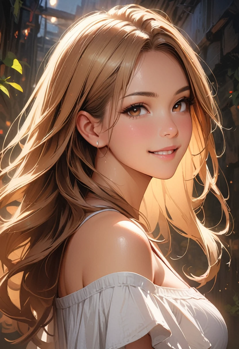 One girl, Off the shoulder, A light smile, Glowing Skin, Highest quality, masterpiece, (Realistic:1.4)