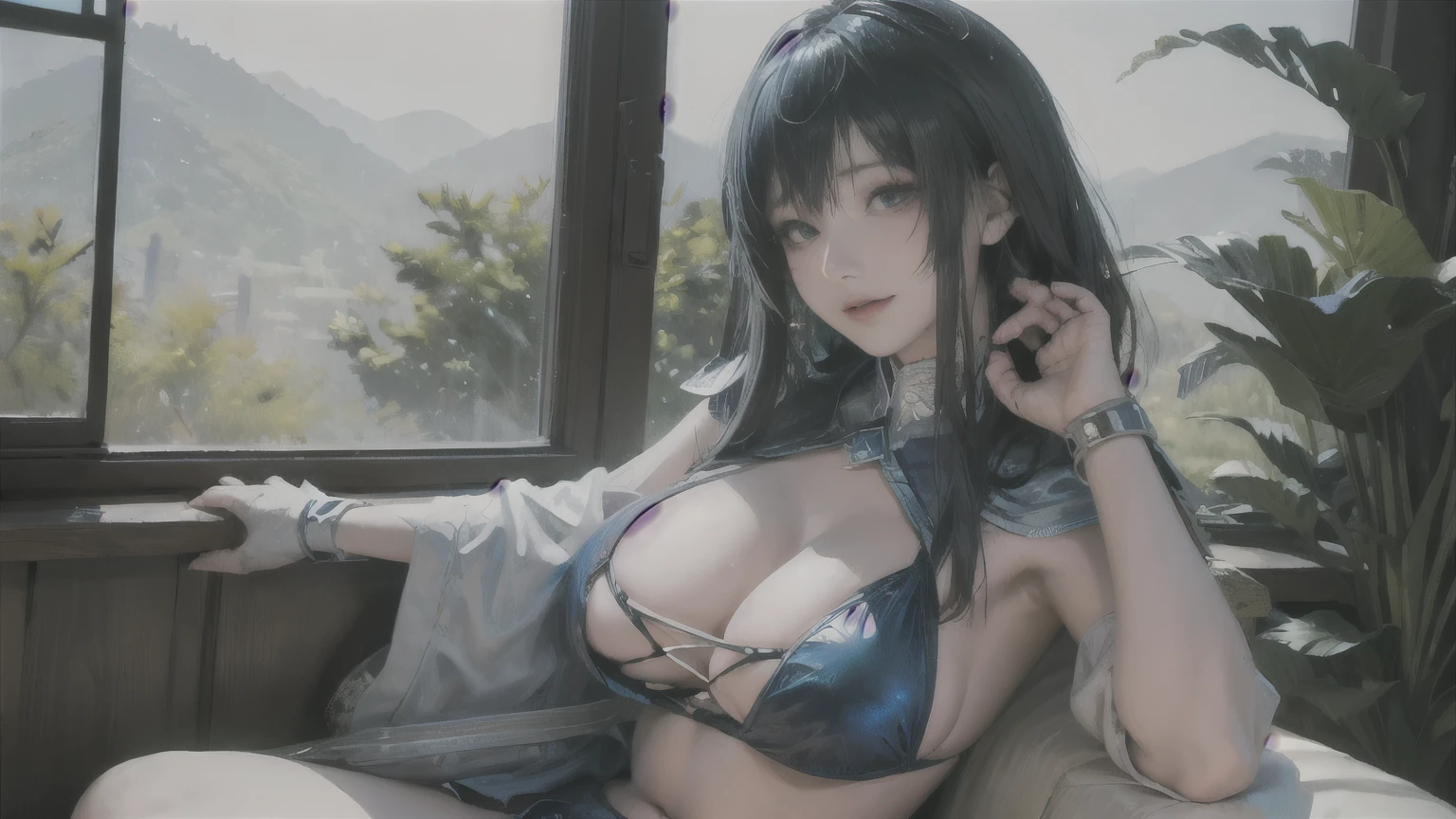 ((Best quality)), ((masterpiece)), (detailed:1.4), 3D, an image of a beautiful cyberpunk female,HDR (High Dynamic Range),Ray Tracing,NVIDIA RTX,Super,     arafed woman in a blue bikini sitting on a window sill, digital art by Kentaro Miura, pixiv, digital art, seductive anime girl, realistic bikini, oppai, thicc, oppai proportions, [ 4 k digital art ]!!, commission for high res, beautiful alluring anime woman, extremely detailed artgerm, chubby