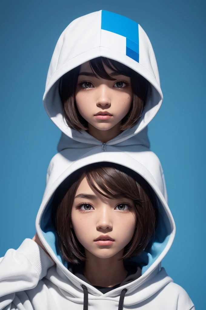 a character with skin color wearing a white hoodie, brown hair, black eyes with a blue background, Minecraft,