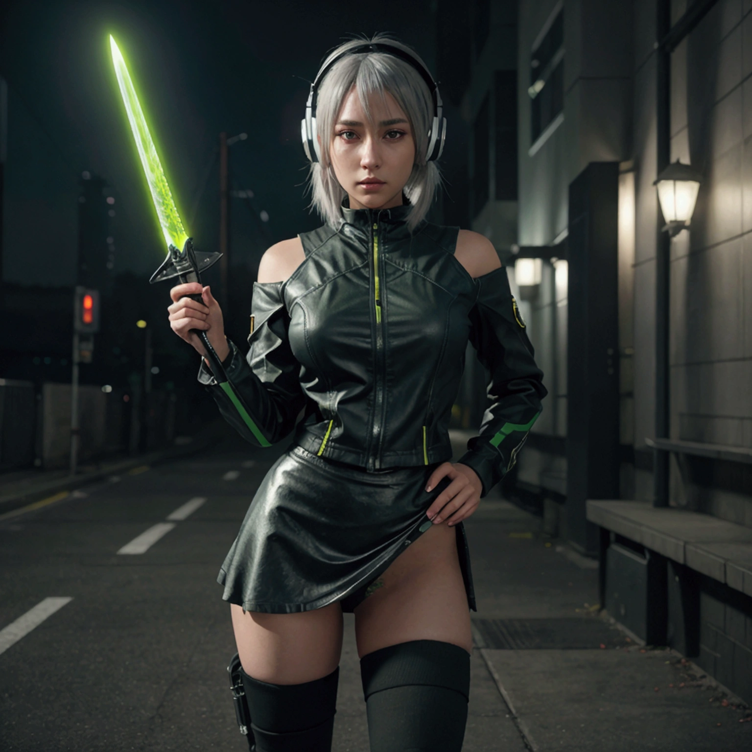 Fullbody 128k Bluray Extreme UHD 4K High quality anime image . My attention is drawn to an incredibly beautiful woman with short, straight grey hair with a headset on her head, full lips and yellow eyes. She is calm in her demeanor. She stands in the city with her sword in hand. She wears a green and black oversized jacket and a black skirt with long black socks and green tennis shoes.” Rendered in stunning 4K and UHD resolution using Octane Render CGI technology, everything comes to life in a mesmerizing 16K masterpiece, with an aura fascinating and high level of detail, anime illustration with calm look in eyes, cyber punk illustration, beautiful anime woman with grey hair, 4K, UHD, Ultra HD 4K image, extremely fascinating sifi light, intricate details , extremely detailed, incredibly detailed.holding an electric sword.