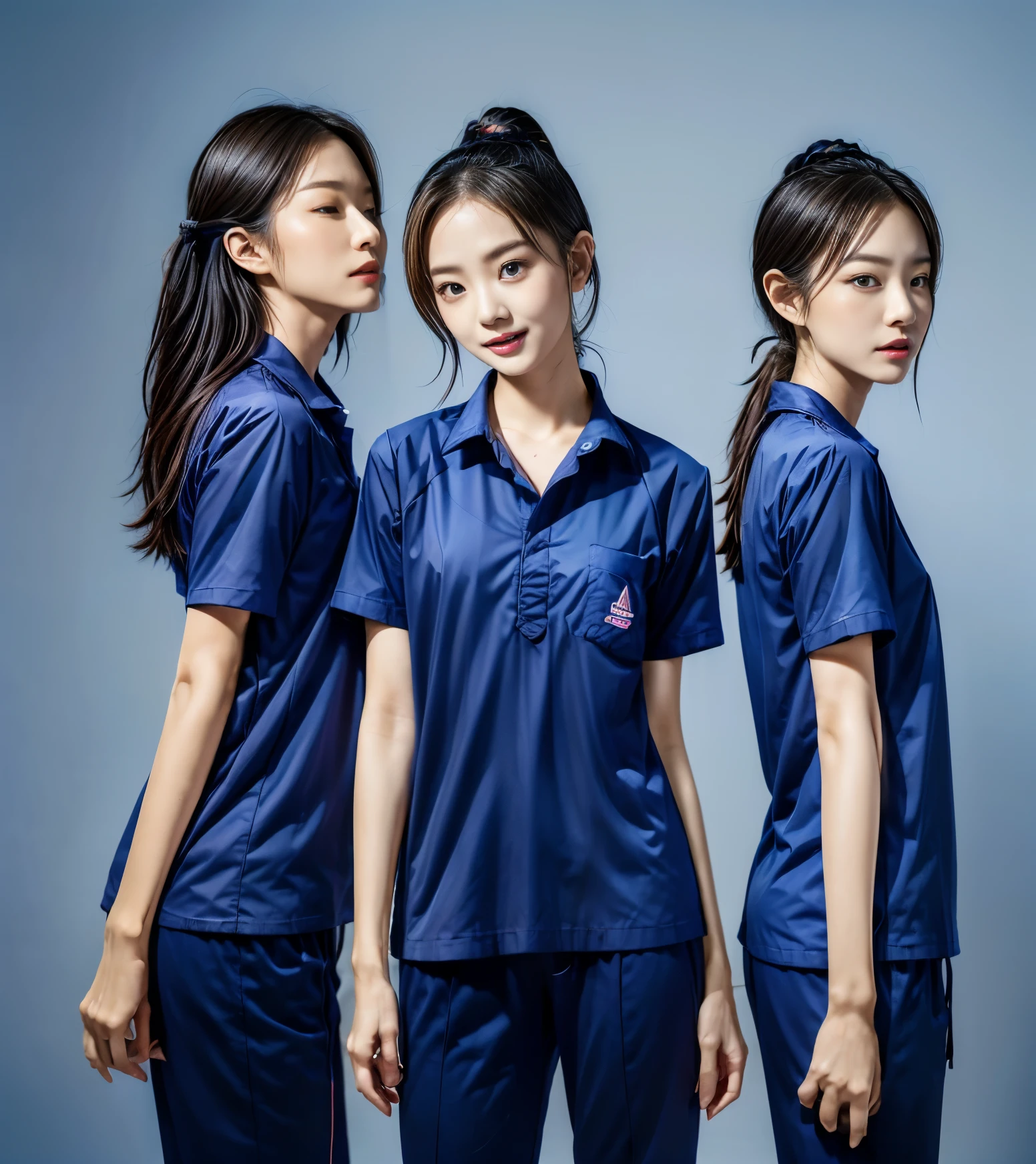 (best quality,10,10,height,Masterpiece:1.2),Special details,(realistic,ภาพrealistic,Realistic photos:1.37),1 Cute girl in the kitchen,shiny, ผิวshiny,only,smile softly,BDclothelue shirt:1.3)),short sleeve,shirt, กางเกงขาlong.,(navy_long_track pants:1.1), ((Kitchen Background)),Dynamic angle,excited,Face focus,dynamic poses,from behind,focus on ass,Masterpiece, best quality, ultra realistic, hyper detail, 8k resolution, raw photos, Sharp focus, ((Navy blue shirt:1.1)), short sleeve, เส้นทางlong, perfect body, 2 mature women, 18 years old, Cinema-grade lighting system,blue sweatpants,shirtผ้าออกกำลังกาย,correct anatomy,perfect body, correct body, Sharp face, correct bodyทางกายวิภาค, full body, realistic gestures, long-haired, realistic poses,Wear long shorts...........................,ช่วงขาlong,Good shape,carved girl, Slender figure, model, Good shape, beautiful body,blue sweatpants, two girls kissing