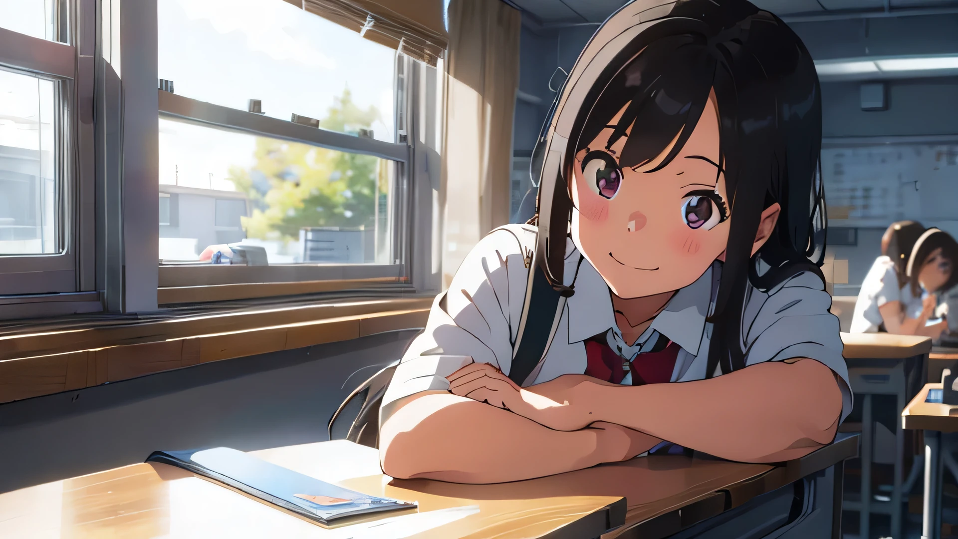 classroom、high school girl、Facing forward, resting her chin on the desk and smiling