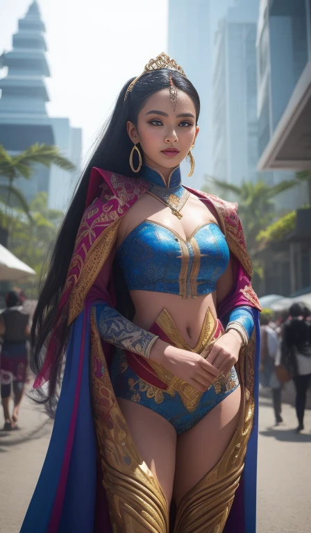 An anglosakson-styled futuristic suit worn by a girl depicting cultural fusion and modern fashion. The suit is adorned with intricate patterns and vibrant colors, showcasing the rich heritage of Indonesia. The girl stands confidently in a dynamic pose, with her detailed eyes reflecting determination and curiosity. The suit's material is a combination of traditional textiles and futuristic synthetic fabrics, giving it a unique and avant-garde appearance. The overall image quality is of the highest standard, with sharp focus and ultra-detailed rendering. The artwork employs physically-based rendering techniques, resulting in realistic lighting and shadows. The colors are vivid and vibrant, capturing the essence of Indonesian cultural aesthetics. The background features a fusion of modern architecture and traditional elements, creating a harmonious blend of the past and the future. The prompt explores the intersection of Indonesian culture, futuristic design, and the artistic representation of a confident girl.