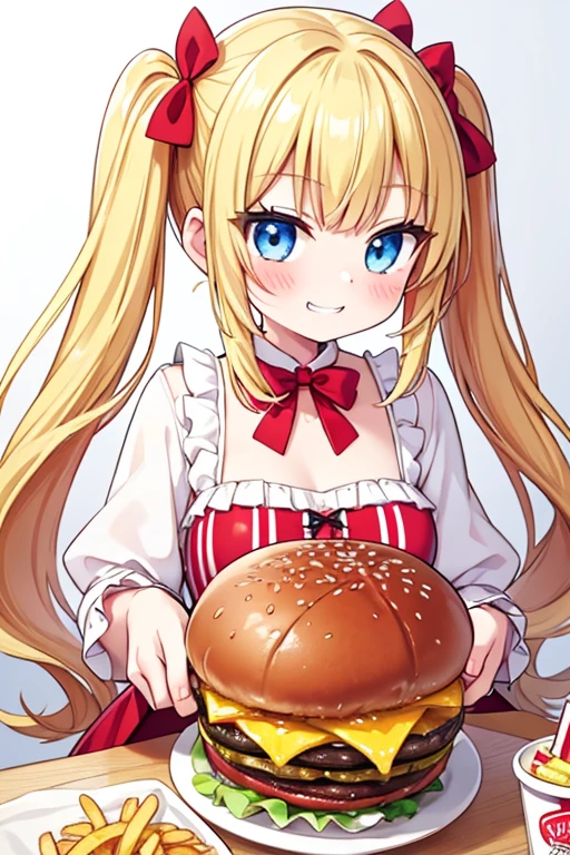 Pleased as punch grin,Face like a  on Christmas morning,Eat a huge burger,Hamburger and fries set,Cola,Highest quality,Blonde with blue eyes、Lolita、Small breasts、Twin tails、girl&#39;enjoy,smile,bonnet,