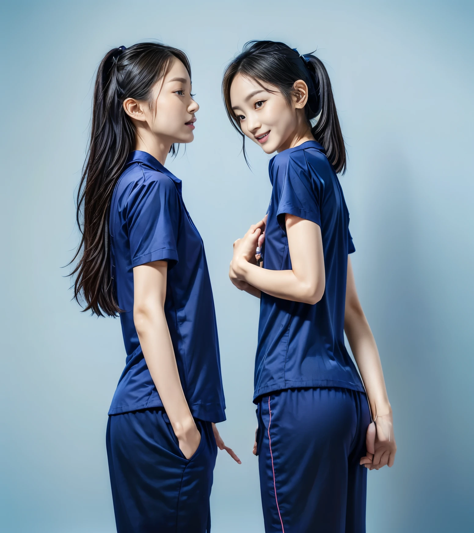 (best quality,10,10,height,Masterpiece:1.2),Special details,(realistic,ภาพrealistic,Realistic photos:1.37),1 Cute girl in the kitchen,shiny, ผิวshiny,only,smile softly,BDclothelue shirt:1.3)),short sleeve,shirt, กางเกงขาlong.,(navy_long_track pants:1.1), ((Kitchen Background)),Dynamic angle,excited,Face focus,dynamic poses,from behind,focus on ass,Masterpiece, best quality, ultra realistic, hyper detail, 8k resolution, raw photos, Sharp focus, ((Navy blue shirt:1.1)), short sleeve, เส้นทางlong, perfect body, 2 mature women, 18 years old, Cinema-grade lighting system,blue sweatpants,shirtผ้าออกกำลังกาย,correct anatomy,perfect body, correct body, Sharp face, correct bodyทางกายวิภาค, full body, realistic gestures, long-haired, realistic poses,Wear long shorts...........................,ช่วงขาlong,Good shape,carved girl, Slender figure, model, Good shape, beautiful body,blue sweatpants, two girls kissing