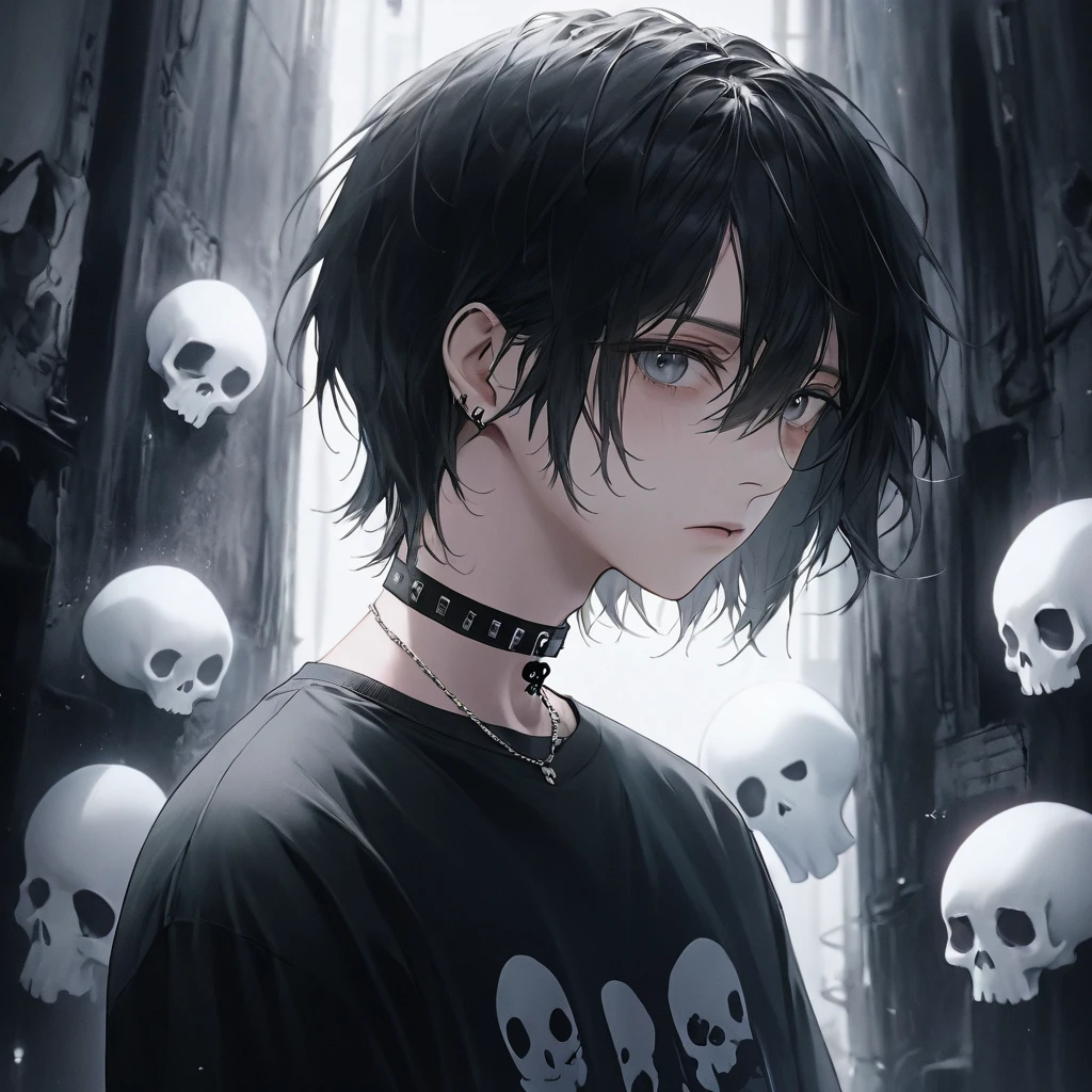 (​masterpiece, 4K, best qualityer, Super Detailed in Eyes and Face) Tall man, sad boy, Short Straight Black Hair, eyes black, Skull Choker, Gray T-shirt on top with a Sad Little Ghost Printed on It, Black Shirt With Long Sleeve Bottom, Pose: the side looking at the Camera Thoughtful Expression, Emo Aesthetic Background.