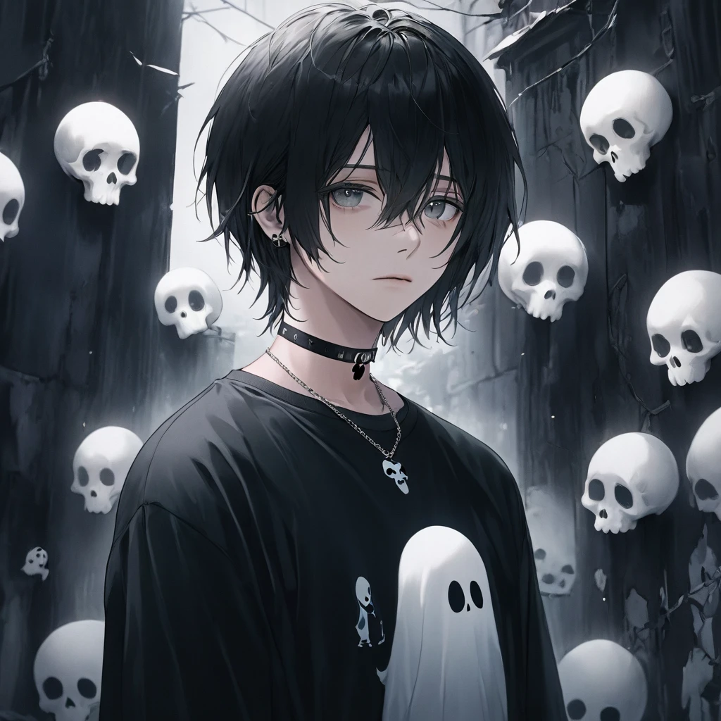 (masterpiece, 4K, best qualityer, Super Detailed in Eyes and Face) Tall man, sad boy, Short Straight Black Hair, eyes black, Skull Choker, Gray T-shirt on top with a Sad Little Ghost Printed on It, Black Shirt With Long Sleeve Bottom, Pose: the side looking at the Camera Thoughtful Expression, Emo Aesthetic Background.