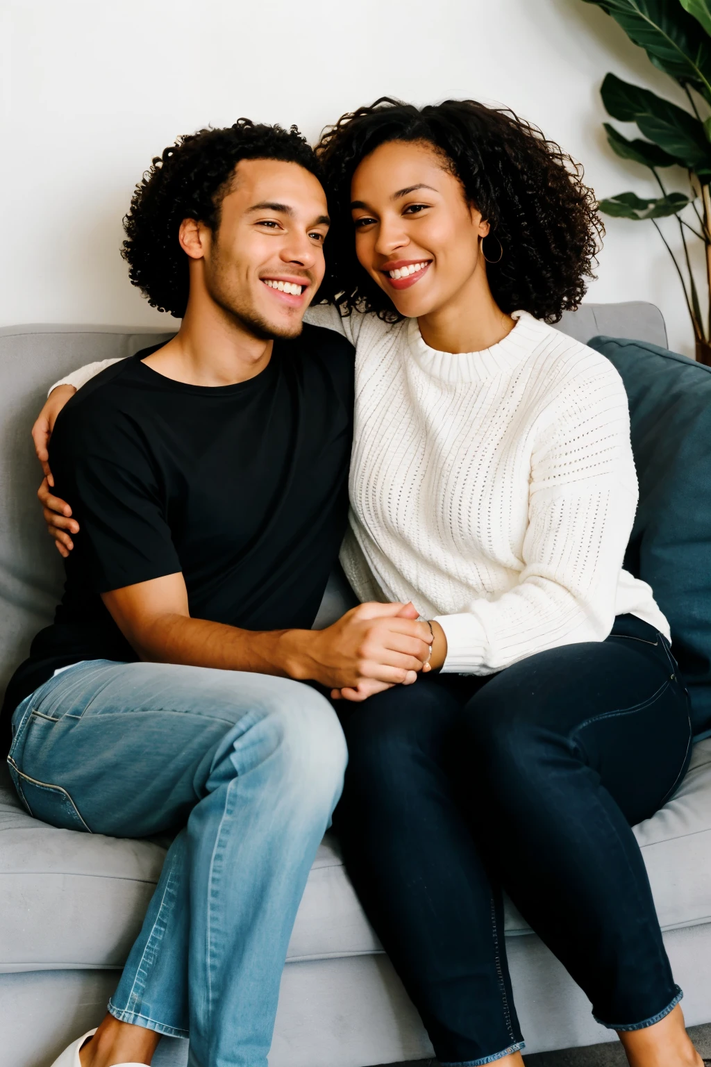 White man and black woman with 26-year-old curls remember how they became friends. They are on the same couch smiling as they remember anecdotes, staring at each other.