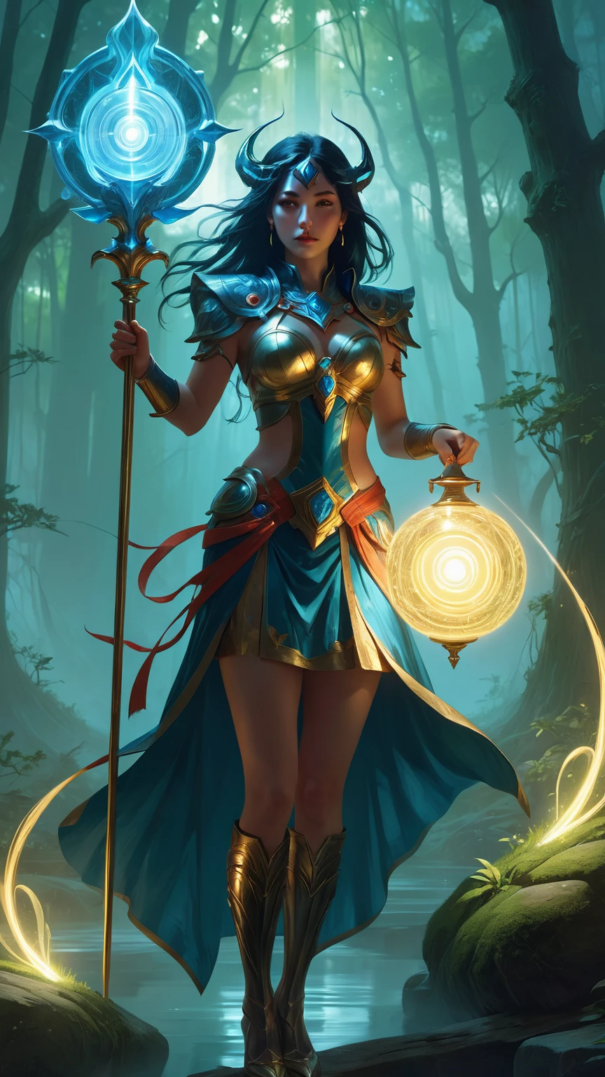 Smiling woman holding a short torch in her hand, deep v big breasts, medium shot, detailed fantasy art, detailed fantasy digital art, High quality fantasy art, fantasy style art, highly detailed fantasy art,  breathtaking fantasy art, 4K fantasy art, amazing fantasy art