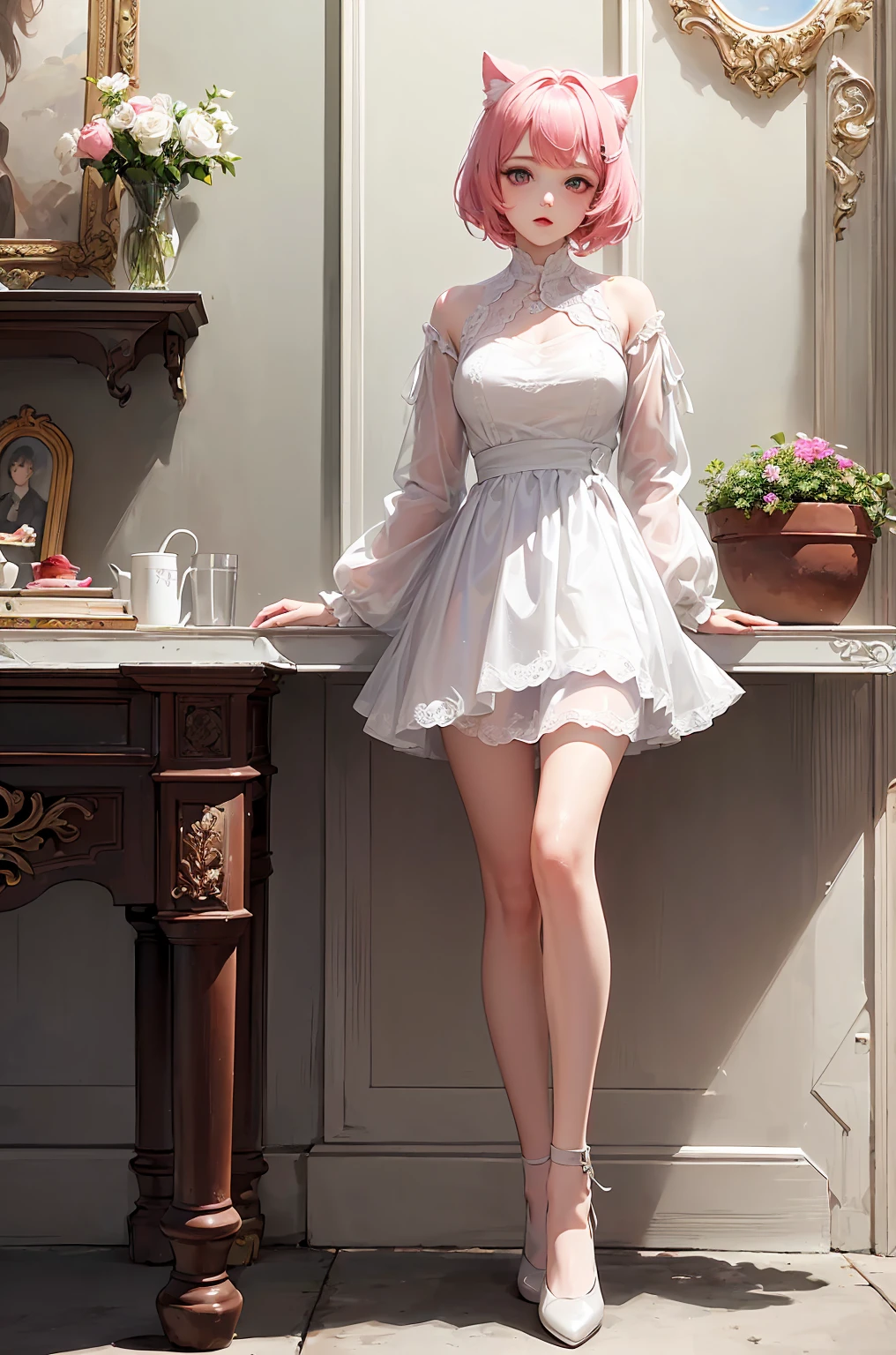 (score_9,score_8_up,score_7_up,score_6_up,score_5_up,score_4_up),(masterpiece, top quality, best quality, official art, beautiful and aesthetic:1.2), animation,, 1girl with cat ear and pink hair, white lace dress, full body ,