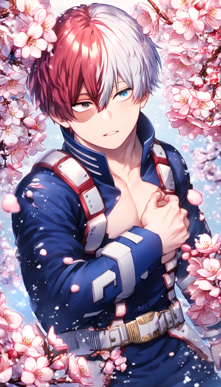 Ultra detailed, HDR, Highres, absurdres, master piece, Todoroki Shouto, bicolor hair, red right side of hair, white left side of hair, heterochromia, expressive right blue eye, gray left eye, blue hero clothes with white patterns, Boku No Hero Academia,  man, handsome, cherry, flowers, blossoms, fantasy, magical, pink leaves, snowing, handsome, sensual, best quality, glittering, solo,