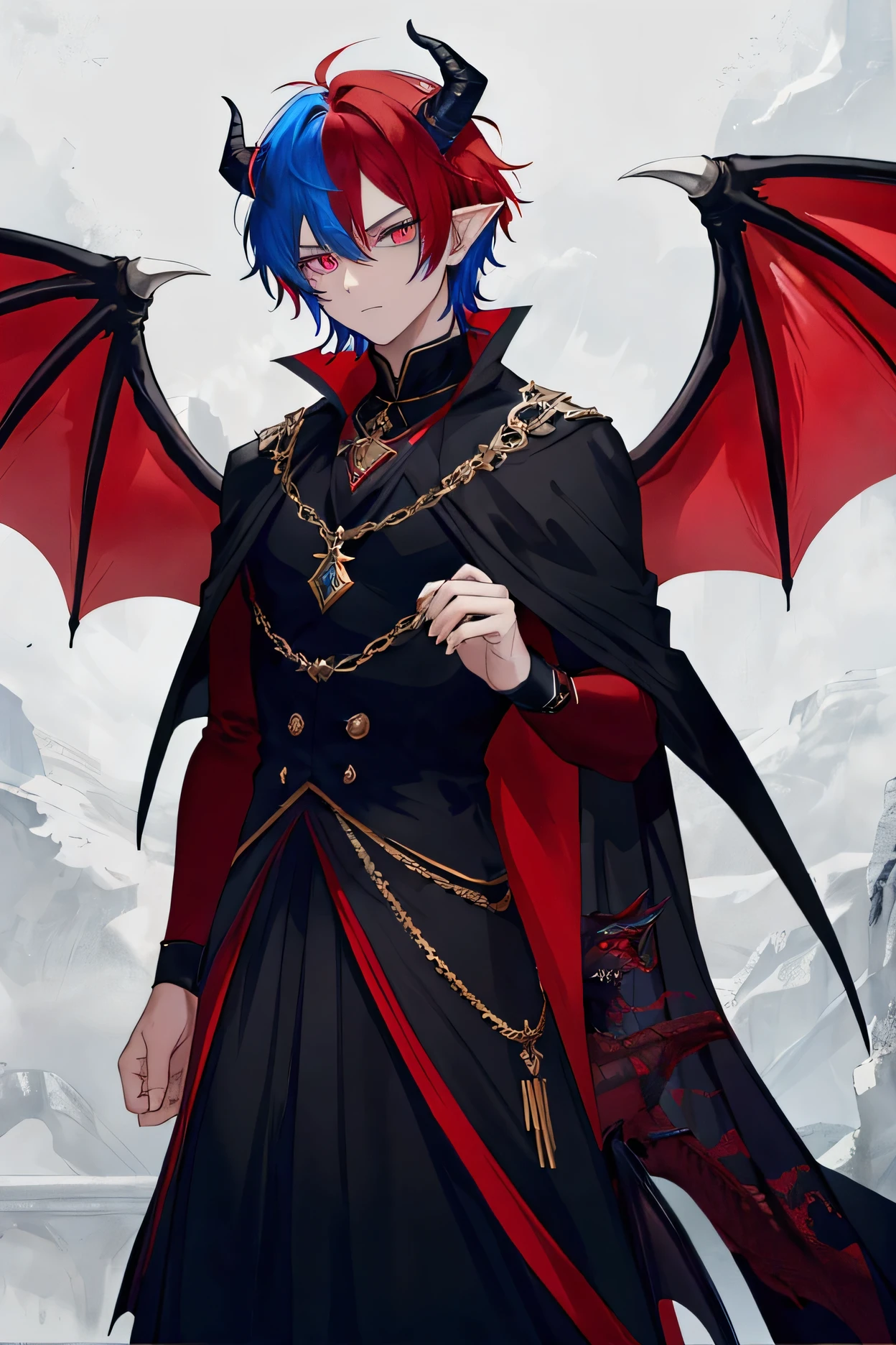 masterpiece, detailed, Best Quality , masculine boy , red hair and blue hair , multicolored hair , 18 years , young, high , gabardina elegant , demonic horns ,dragon wings , short hair , messy hair , serious expression , pointed ears , elegant , Whole body , standing , Red eye , strong , ultra powerful magic , dangerous , glow en los ojos , glow , long black cape , Alone ,