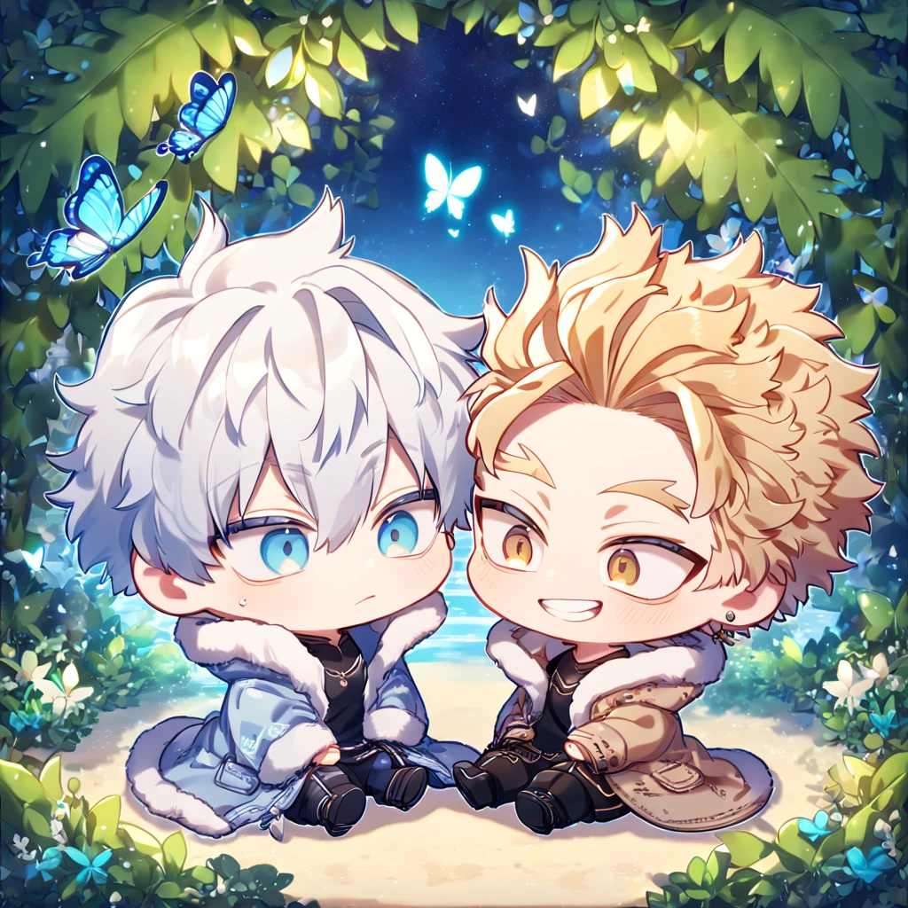 absurdres, highres, ultra detailed, HDR, master piece, best quality, extremely detailed face, delicated features, Hawks chibi, ash-blonde hair, expressive golden brown eyes, Boku No Hero Academia, Gojou Satoru chibi, white hair, expressive blue eyes, white eyelashes, two boys sitting together, yaoi, gay couple, cute, light-blue coat with fur collar, brown jacket with fur collar, black tight shirt with patterns, fantasy, magical, butterflies, summer, green leaves, flowers, water, garden