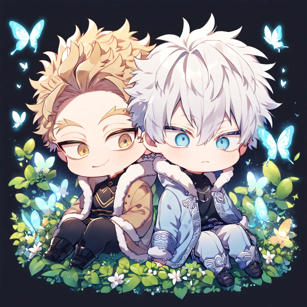 absurdres, highres, ultra detailed, HDR, master piece, best quality, extremely detailed face, delicated features, Hawks chibi, ash-blonde hair, expressive golden brown eyes, Boku No Hero Academia, Gojou Satoru chibi, white hair, expressive blue eyes, white eyelashes, two boys sitting together, yaoi, gay couple, cute, light-blue coat with fur collar, brown jacket with fur collar, black tight shirt with patterns, fantasy, magical, butterflies, summer, green leaves, flowers, water, garden