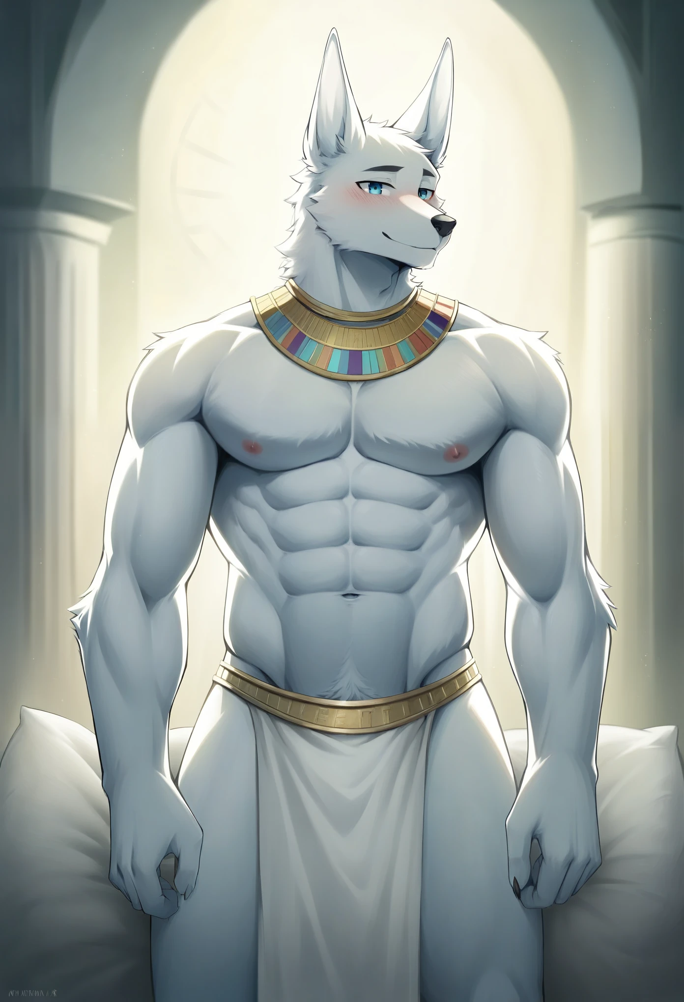 male, Anubis, hairy, Smile, fur, neutral,Eight-pack abs,White loincloth,collar,blush,pillow design,Dynamic Lighting, illustration, beautiful, particle (high quality,4K,8K,high resolution,masterpiece:1.2), Extremely detailed, Impressionism:Colorful,SFW