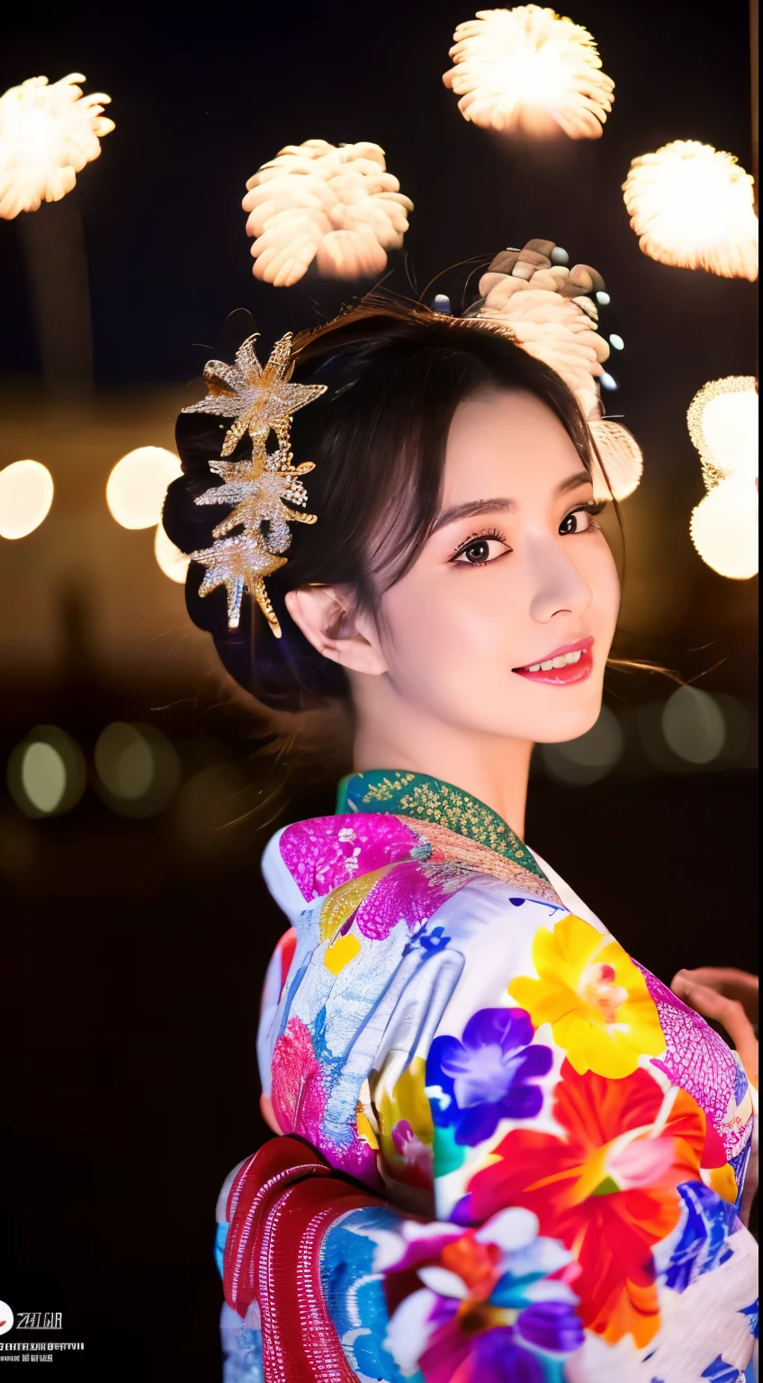 ((masterpiece(:1.4),Highest quality,Ultra-high resolution,Highest quality,8k,Extremely detailed,In detail))。night,Fireworks display,Japanese,A beautiful woman,Big Breasts,Flashy gal makeup,Oiran,Long-sleeved kimono,Hair tying,hairpin,hair ornaments,geta,Gorgeous and luxurious,(Fireworks displayのnightに河川敷で花火を背景にしたスナップ写真),Hyper Quality