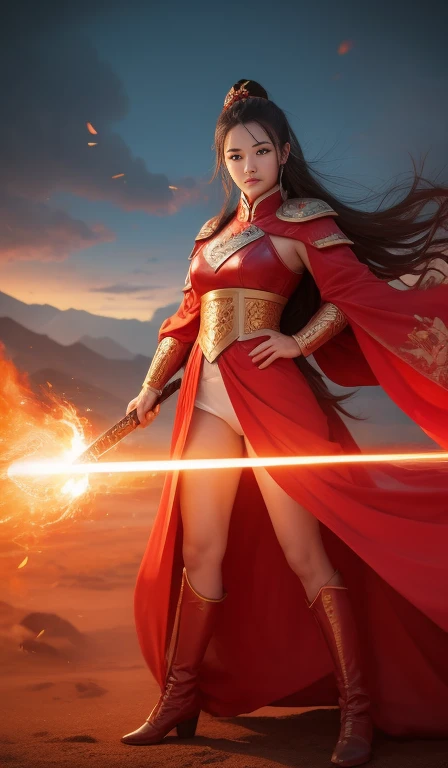 Chinese, Ancient battlefield, Chinese female general, holding a sword in her hand, Serious expression, whole body, Stunning facial features, Red robe, armor, boots, Yellow sand flying in the sky, Fire, game model, stunning lighting, oc rendering, film rim light, exquisite lighting, Ultra Detailed, Epic creation, Ultra HD, best quality, masterpiece, high quality, 8K