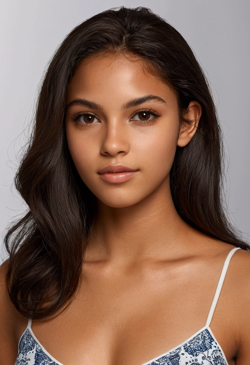 Create a high-quality, realistic image of a Brazilian model. She is 19 years old, with a natural and relatable appearance. She has medium brown skin, brown eyes, and long, dark brown (moreno) hair. She stands at 1.75m tall, with a fit and healthy body shape, a thin waist, and medium bust. Her facial features include a round face, beautiful chin, and high-textured skin and hair. She is looking directly at the camera with a warm and inviting expression, capturing the essence o
