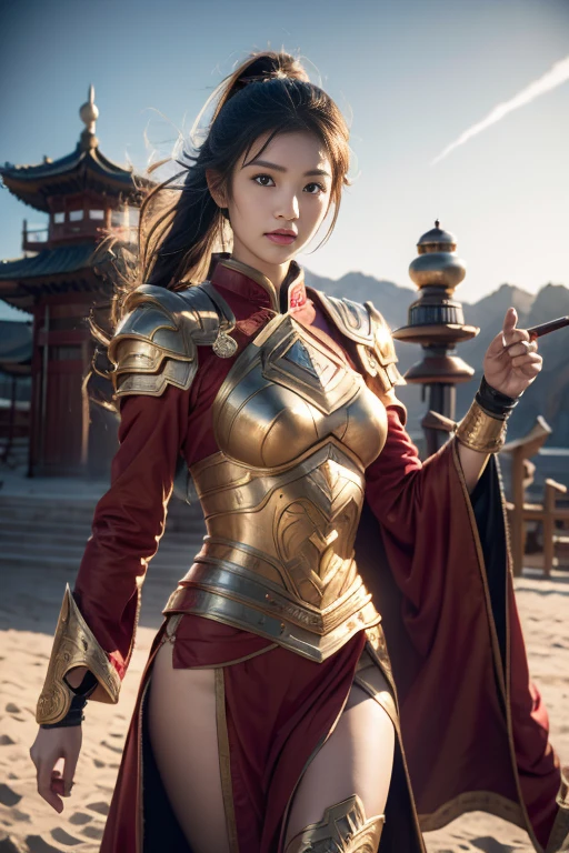 8K , Cute Idol , Super Exotic Face ,   , Cute , Masterpiece , 18 Yearsold , Sleeveless , ((Red-Gold Chinese Female Warrior Armory Mulan Uniform)) , Lace , ((Cloak:1.1)) , Ultra Large Bare Breast , an Action , ((Muscular:1.1)) , Sexy Look , Dramatic Pictures , Gorgeous , Beautiful Mountain Road , Extremely Detailed , Angry Face , ((Hair Blowing:1.3)) , Black Tied/Drill Hair , Battlefield , Chinese Dynasty Flag