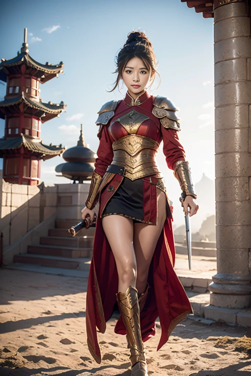 Chinese, Ancient battlefield, Chinese female general, holding a sword in her hand, Serious expression, whole body, Stunning facial features, Red robe, armor, boots, Yellow sand flying in the sky, Fire, game model, stunning lighting, oc rendering, film rim light, exquisite lighting, Ultra Detailed, Epic creation, Ultra HD, best quality, masterpiece, high quality, 8K