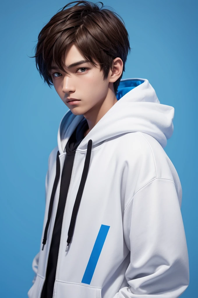a character boy with skin color wearing a white hoodie, brown hair, black eyes with a blue background, Minecraft style,