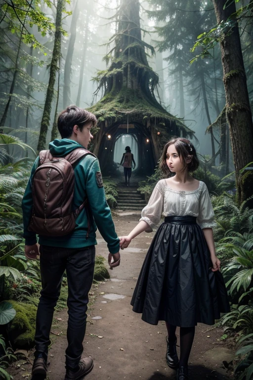 create an image of two girls and two boys between  and 12ho venture into the depths of an enchanted forest full of magic, dangers and adventures