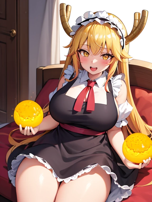 masterpiece, high quality, High Definition), 8k, natural lighting, elegant, voluptuous:0.6, looking at the viewer, 1 girl, female, Alone, blush, open mouth, smile, teeth, SFW, Tohru, by rubio, dragon girl, dragon cola, Canine, hair between the eyes, horns, large cola, by the wide, scales, cola, twincolas, (yellow eyes:1.5), slit pupils, bow, steering wheels, maid, maid headdress,