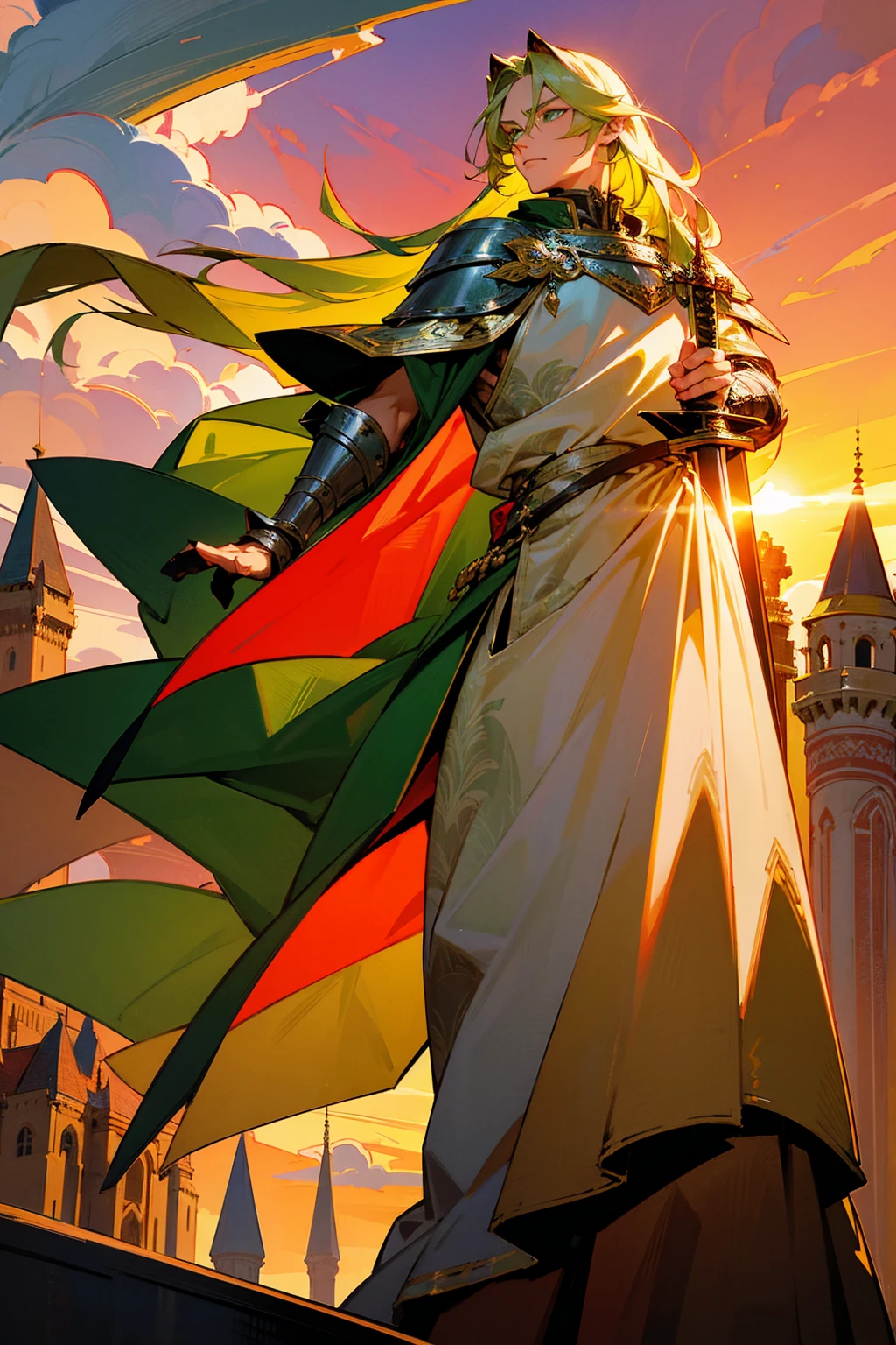 1male, long blond hair, emerald green eyes, wearing a silver armor with intricate tiger patterns, red cape, standing on a castle path, sunset with dramatic clouds, holding a broad sword, masterpiece, 8k.