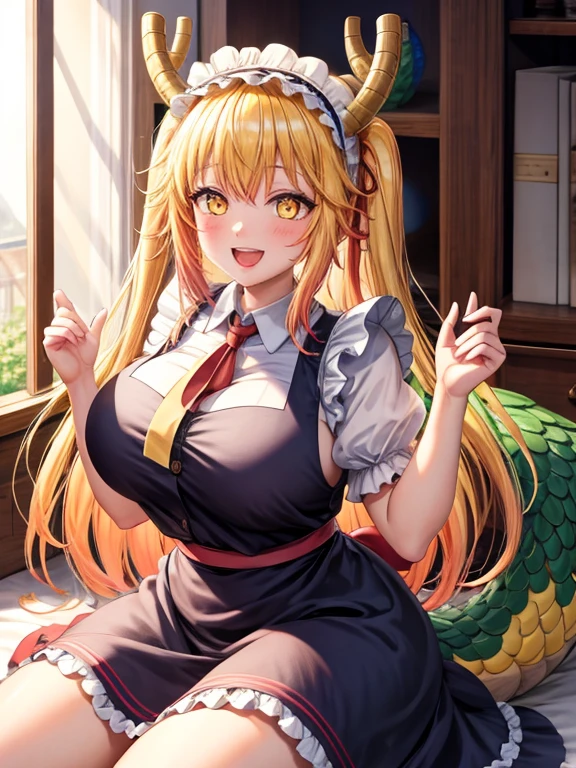 masterpiece, high quality, High Definition), 8k, natural lighting, elegant, voluptuous:0.6, looking at the viewer, 1 girl, female, Alone, blush, open mouth, smile, teeth, SFW, Tohru, by rubio, dragon girl, dragon cola, Canine, hair between the eyes, horns, large cola, by the wide, scales, cola, twincolas, (yellow eyes:1.5), slit pupils, bow, steering wheels, maid, maid headdress,