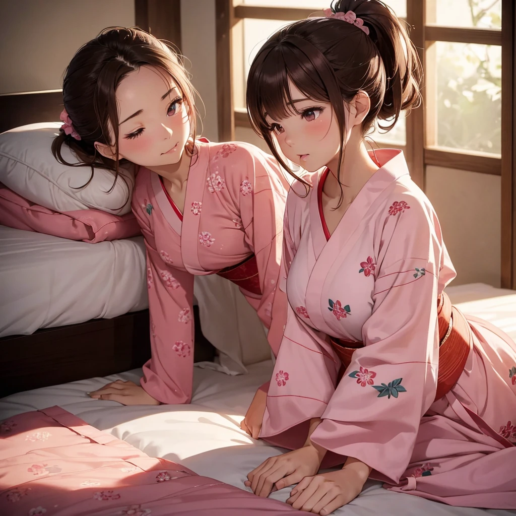 high resolution,high quality,beautiful,２０age,Brown hair ponytail, , Light pink yukata,Waking up,Sleepy eyes,((Mouth slightly open)),Big Breasts,beautifulスタイル,Lying on your back,The yukata is open,Random Pause,whole body,((1 person)),room,Edo Period