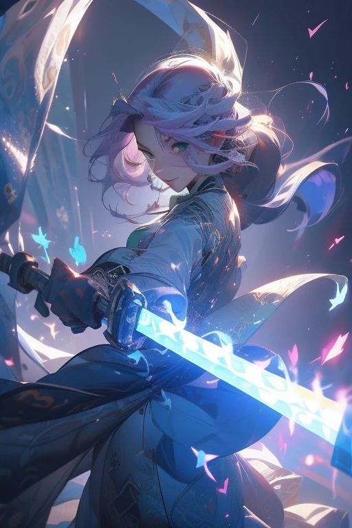 Perfect face. Perfect hands. A light purple haired woman with green eyes with an hourglass figure is spinning a scythe in a shrine with a big smile