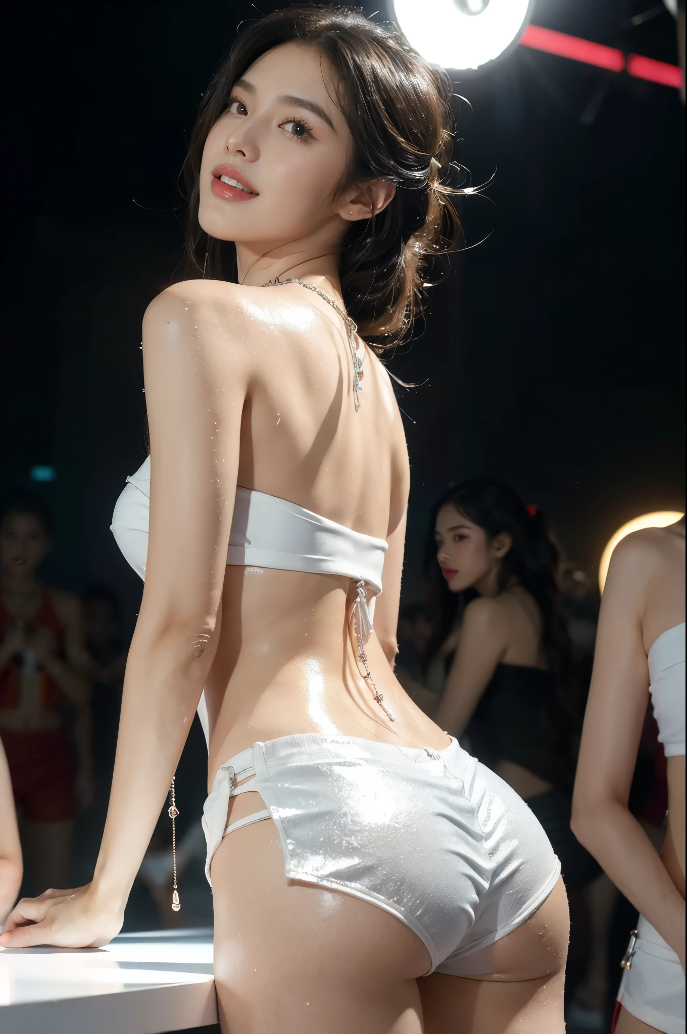 (((best quality))),(((ultra detailed))),(((masterpiece))),illustration,((1 beautiful girl,solo)),(shoulder length straight hair:0.9),((slim,thin)),((bare back,towering hips,butt crack)),(necklace:1.2),((sweat,wet)),(shiny skin:1.5),(strapless white tank top:1.3),(red shorts:1.3),(in nightclub:1.3),(neon lights:1.3), energy,(standing:1.3),(laughing:1.2), conversation, thumping bass, sun-kissed skin, tanned legs,delicate features, grace, confidence, excitement, pulsating lights, capturing attention, vibrant atmosphere, center of attention,(summer:1.3),(night scene:1.3), adventure, frozen moment,((from back,upper body)),(surrounded by crowded crowds:1.3)