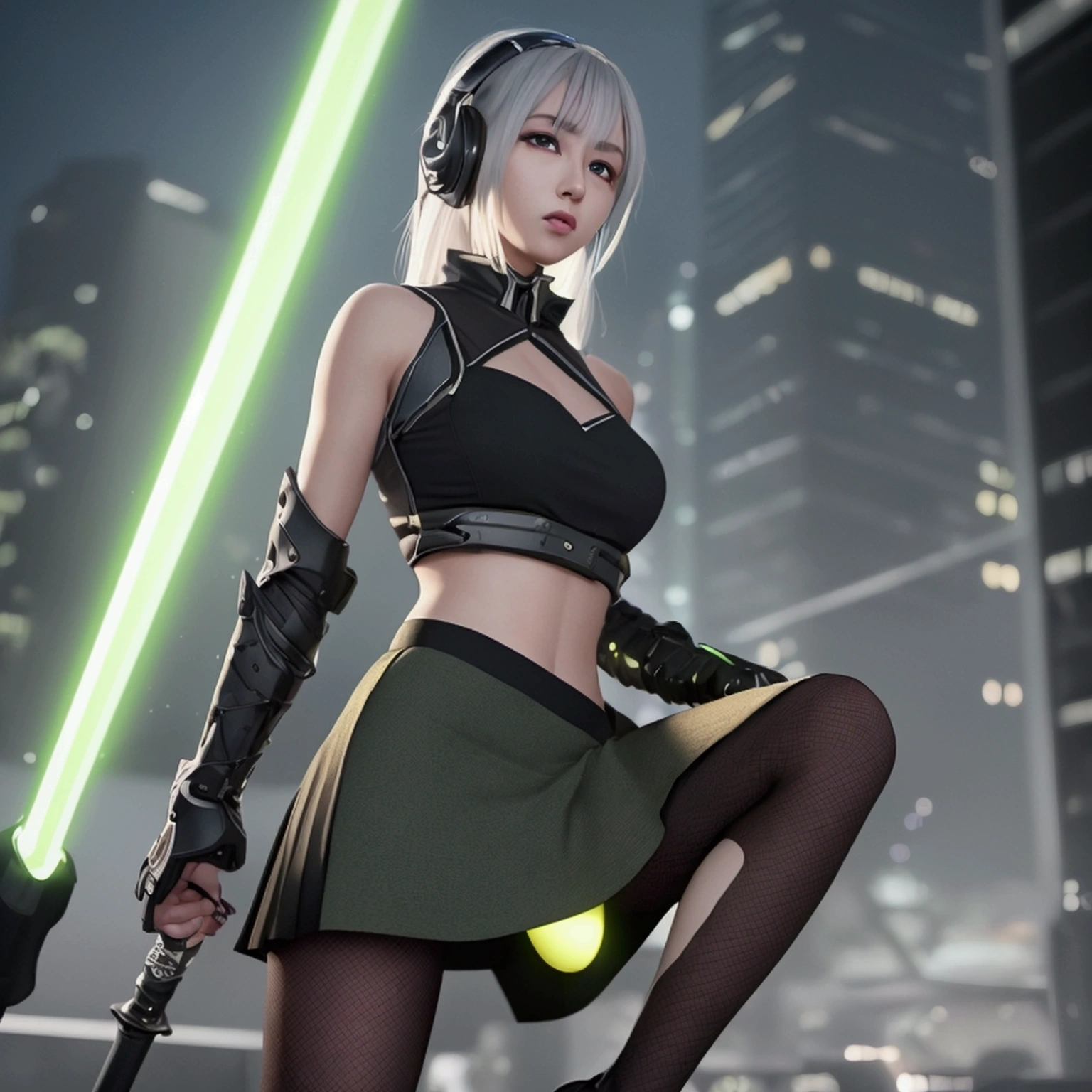 Fullbody 128k Bluray Extreme UHD 4K High quality anime image . My attention is drawn to an incredibly beautiful woman with short, straight grey hair with a headset on her head, full lips and yellow eyes. She is calm in her demeanor. She stands in the city with her sword in hand. She wears a green and black oversized jacket and a black skirt with long black socks and green tennis shoes.” Rendered in stunning 4K and UHD resolution using Octane Render CGI technology, everything comes to life in a mesmerizing 16K masterpiece, with an aura fascinating and high level of detail, anime illustration with calm look in eyes, cyber punk illustration, beautiful anime woman with grey hair, 4K, UHD, Ultra HD 4K image, extremely fascinating sifi light, intricate details , extremely detailed, incredibly detailed.holding an electric sword.