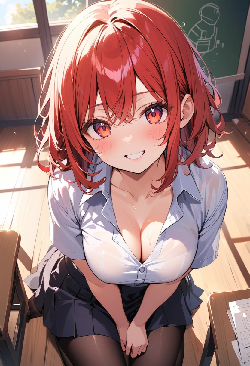 ((Highest quality、masterpiece、High resolution))、(((Zoom photo from above:1.95、、blush、high school girl、shirt、skirt、black tights、Cute Smile:1.5、、Wet body、Wet Hair、Cleavage、Redhead、short hair、In the classroom)))