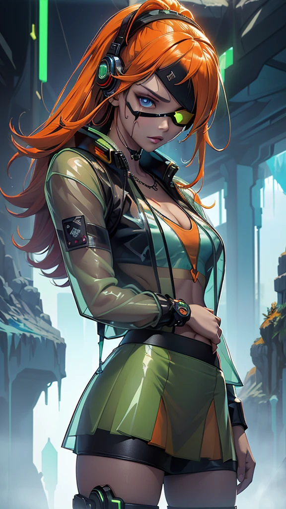 (La Best Quality,A high resolution,Ultra - detailed,actual),Ariana Grande dressed in green cyborg jacket,dance ballet ,(neon green student jacket:1.4), (green transparent miniskirt cyborg schoolgirl:1.4),background ice wall frozen cavern, long white gray hair, ,More detailed 8K.unreal engine:1.4,UHD,La Best Quality:1.4, photorealistic:1.4, skin texture:1.4, masterpiece:1.8,first work, Best Quality,object object], (detailed face features:1.3),(The correct proportions),(convex Detailed fingers),(Beautiful blue eyes),  (cowboy pose) ,(cyberpunk green transparent jacket:1.4), (background ice frozen cave:1.4), (orange jacket+cyborg red:1.4), long red hair, (Perfect anatomy ), (He has a pirate eye patch:1.4) ,(cyber cyborg orange red chaqueta) ,(Cyber samurai 2090s), (showing flat stomach), (has transparent plastic clothing:1.4) ,(showing lace panties) ,(African black skin:1.4) ,( cyberpunk 2.1), (cabello largo yellow neon:1.4), (yellow cyberpunk Bluetooth headphones on the head:1.4) bottomless ,transparent background, background erased in total white .