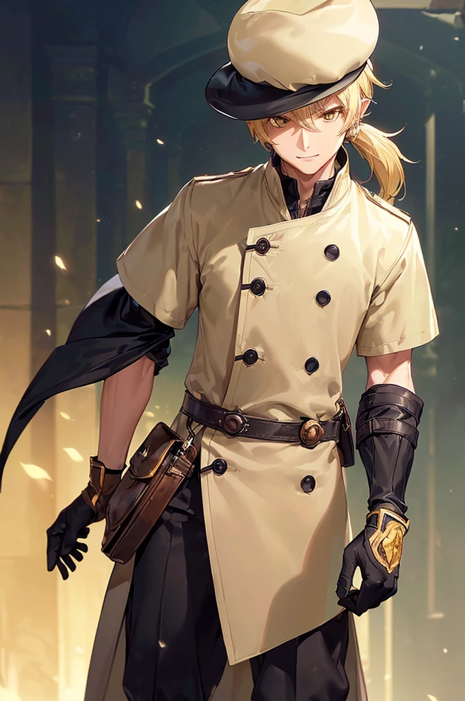 (((masterpiece; best quality: 1.2))), (finely detailed eyes: 1.3), (25 year old elf man), (solo), (yellow eyes: 1.4), (body; toned, fit, masculine: 1.3), (silky blonde hair in low ponytail: 1.3), (beautiful and clear background: 1.2), ((depth of field)), (equipment: adventurer garb + modest + elegant wide-brimmed hunter hat + beige overcoat + shirt + long black slanted cape + black pants + gloves + belt + pouches: 1.3), (anime illustration: 1.2), (background composition; royal garden: 1.1), (extremely fine and handsome: 1.1), (shot composition; standing + centered on torso + close-up: 1.5), (expression; calm, smile: 1.2)