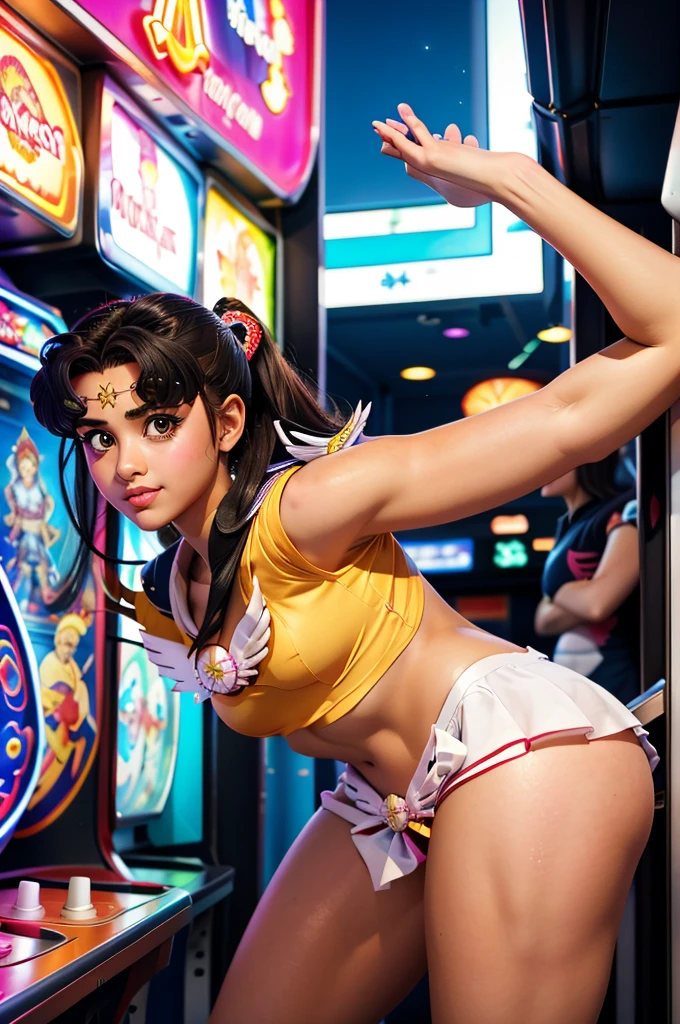 1girl, woman playing arcade video games, bottom view, showing her panties and buttocks, dressed as sailor moon,