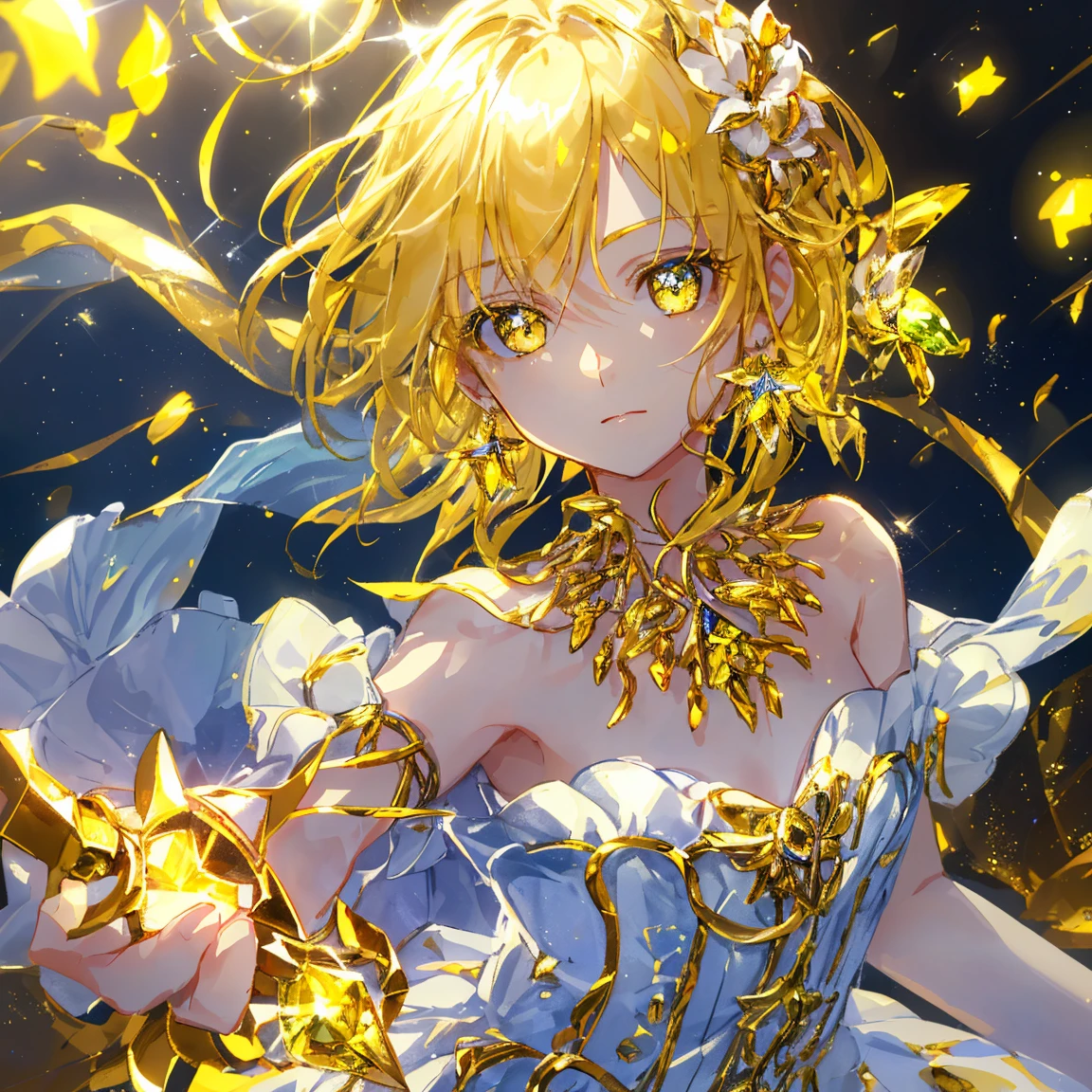 1 girl masterpiece, highest quality, shape, yellow sapphire eyes and hair, yellow sapphire earrings, yellow sapphire necklace, sword, metal fairy, cute, (dynamic lighting:1.2), cinematic lighting, delicate features, fine eyes, sharp pupils, realistic student, written boundary depth, Bokeh, sharp focus, (very detailed, bloom, shine:1.4), lots of little gems