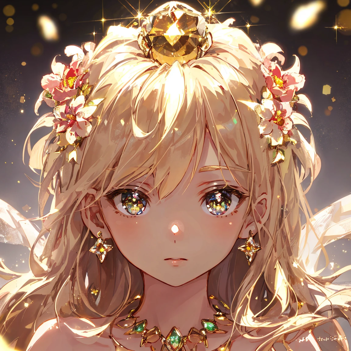 1 girl masterpiece, highest quality, shape, brown diamond eyes and hair, brown diamond earrings, brown diamond necklace, soil, earth fairy, cute, (dynamic lighting:1.2), cinematic lighting, delicate features, fine eyes, sharp pupils, realistic student, written boundary depth, Bokeh, sharp focus, (very detailed, bloom, shine:1.4), lots of little gems