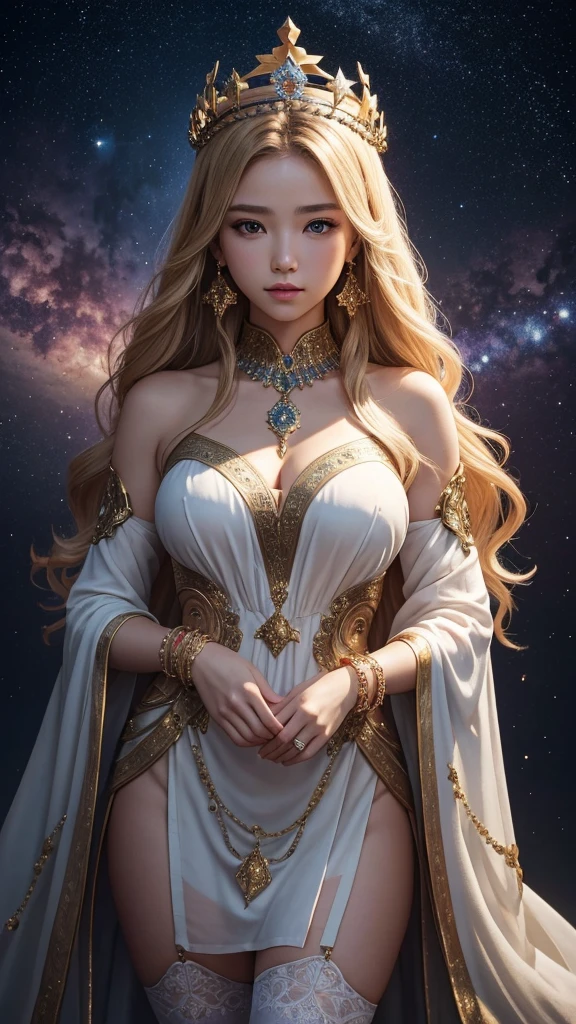 The goddess who rules the seasons is exerting her power in a mysterious space where the four seasons exist at the same time. Her dress is made of symbols of the four seasons, and she has a crown of stars on her head. 8k , HD, highly detailed, realistic, photography, photo realism, --ar 9:16 -- at 6.0 --s 750,19 years old, alone, Long Hair, View your viewers, Blonde, Brown eyes, gem, whole body, Realistic, Sexy、Big Breasts 、stockings、clip on earrings,during,bracelet、embarrassed,blush,teache