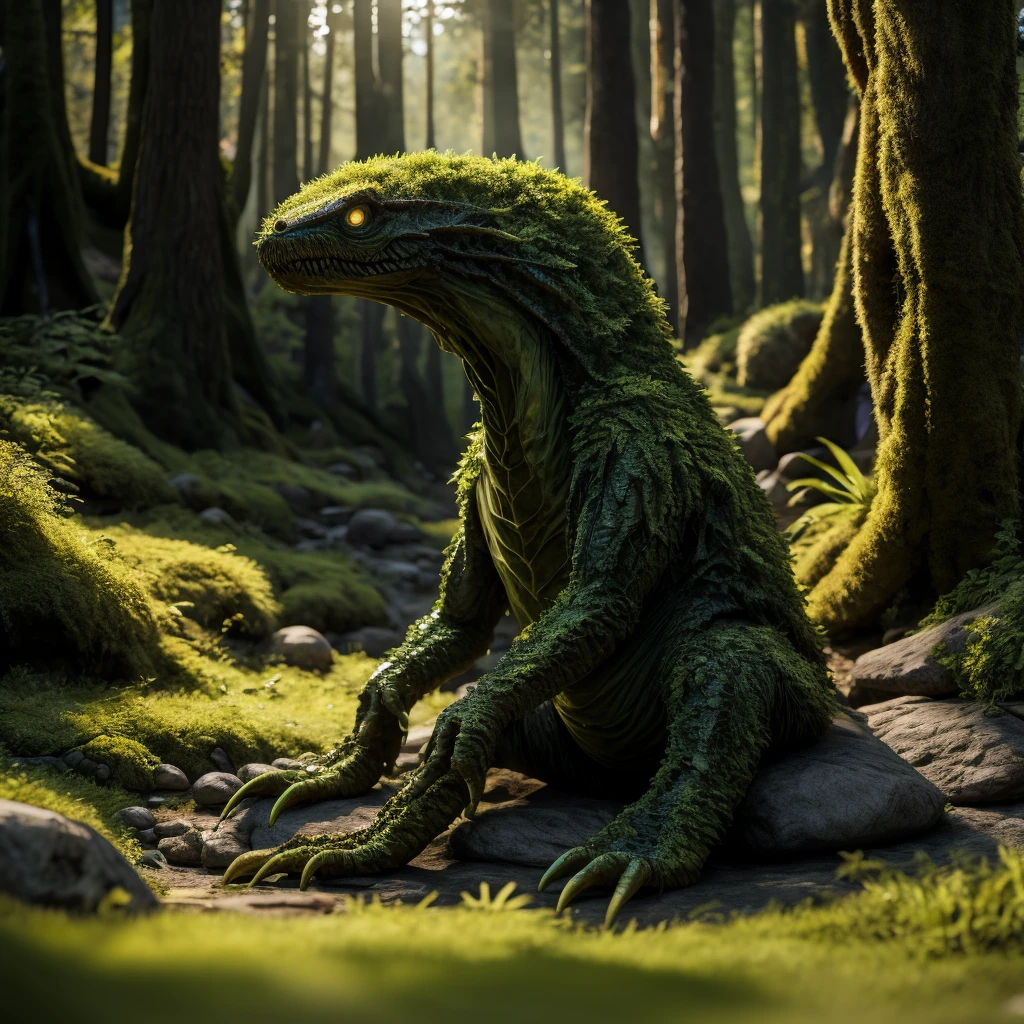 A slimy, oozing creature, green in color, with a translucent, amorphous body, sitting on a rock in a lush, verdant forest setting, with sunlight filtering through the leaves, creating a magical, otherworldly atmosphere, highly detailed, 8k, photorealistic, intricate textures, glowing highlights, dynamic lighting