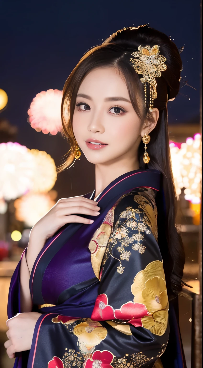 ((masterpiece(:1.4)，Highest quality，Ultra-high resolution，Highest quality，8k，Extremely detailed，In detail))。night，Fireworks display，Japanese，A beautiful woman，Big Breasts，Flashy gal makeup，Oiran，Long-sleeved kimono，Hair tying，hairpin，hair ornaments，geta，Gorgeous and luxurious，(Fireworks displayのnightに河川敷で花火を背景にしたスナップ写真)，Emphasize the chest，Show your shoulderove the dress up to the shoulders，