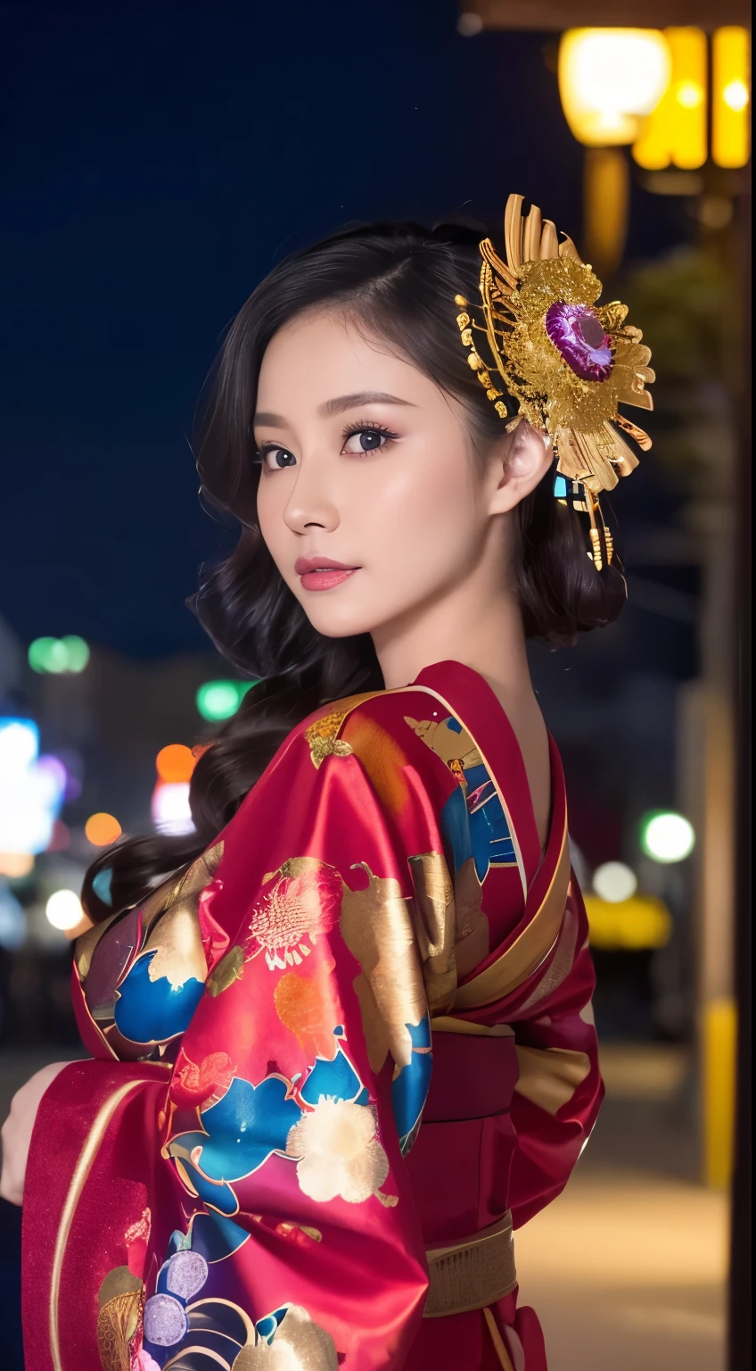 ((masterpiece(:1.4)，Highest quality，Ultra-high resolution，Highest quality，8k，Extremely detailed，In detail))。night，Fireworks display，Japanese，A beautiful woman，Big Breasts，Flashy gal makeup，Oiran，Long-sleeved kimono，Hair tying，hairpin，hair ornaments，geta，Gorgeous and luxurious，(Fireworks displayのnightに河川敷で花火を背景にしたスナップ写真)，Emphasize the chest，Show your shoulderove the dress up to the shoulders，