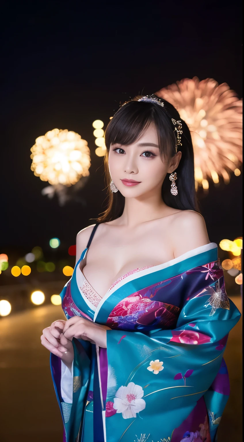 ((masterpiece(:1.4),Highest quality,Ultra-high resolution,Highest quality,8k,Extremely detailed,In detail))。night,Fireworks display,Japanese,A beautiful woman,Big Breasts,Flashy gal makeup,Oiran,Long-sleeved kimono,Hair tying,hairpin,hair ornaments,geta,Gorgeous and luxurious,(Fireworks displayのnightに河川敷で花火を背景にしたスナップ写真),Emphasize the chest,Show your shoulderove the dress up to the shoulders,