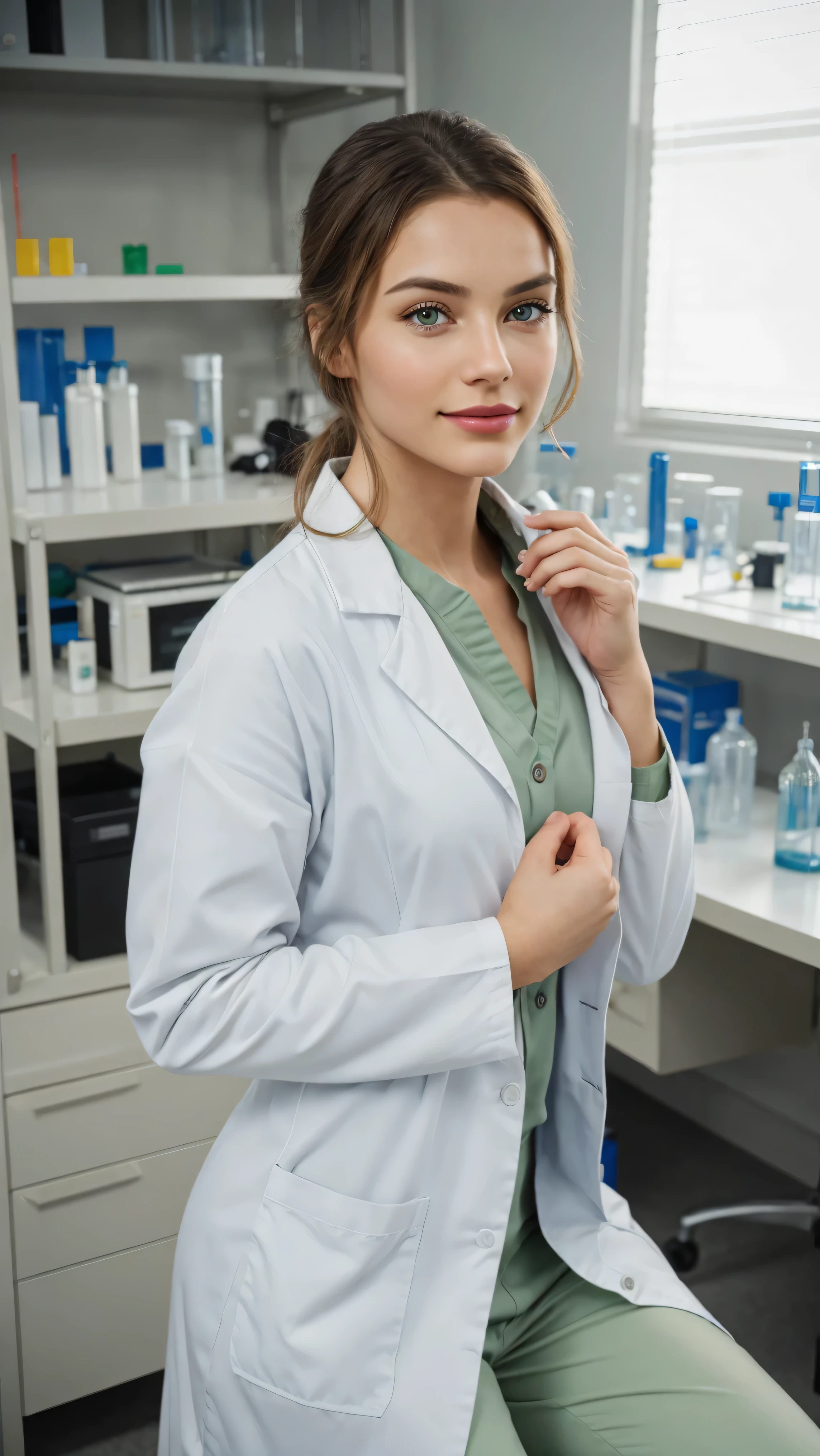 masterpiece, best quality, 5. ((best quality)), ((masterpiece)), ((realistic)), portrait of a young scientists in a lab, (compassionate expression and professionalism:1.2), [caring green eyes], [scrubs and lab equipment], (busy lab environment:1.3), [research setting], (highlighting the dedication to research:1.2), [occupational realism], (8k resolution:1.2), realistic red lipstick, long and brod lips, little smile, realistic skin textures, details of model,