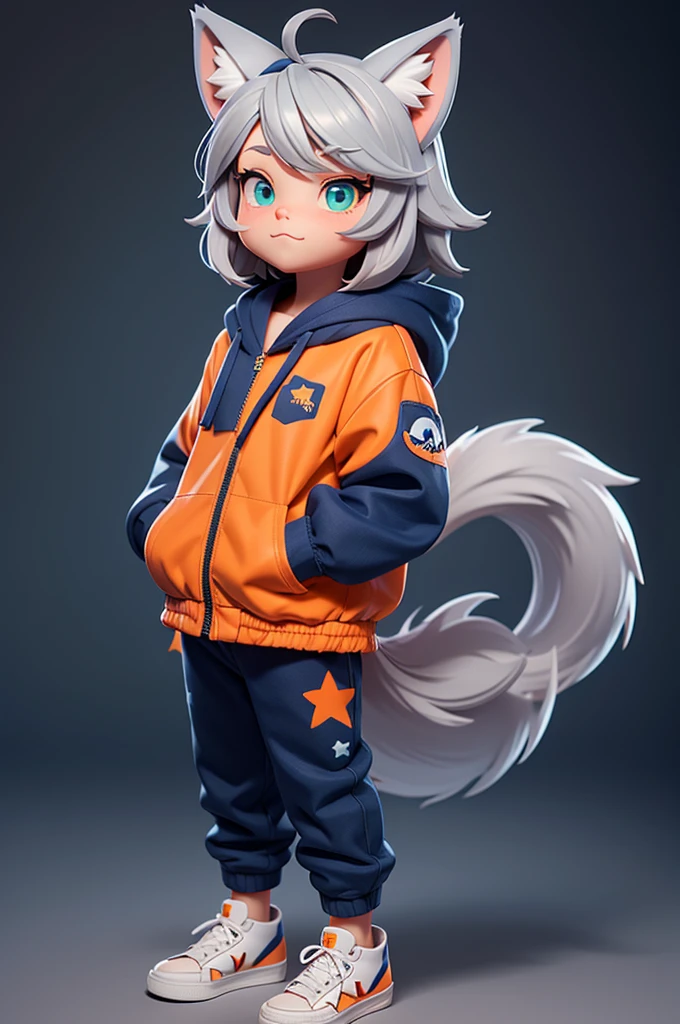 hair：short，Navy blue，With silver hair and eyes：big，Navy blue，Bright Cheeks：Shallow dimples，Ruddy Clothing：Orange hooded jacket（With small star pattern），Dark green pants，White sneaker accessories：Red backpack，Shaped like a cute cat Extra features：Wolf ears（Dark gray tail（Dark Gray，fluffy）