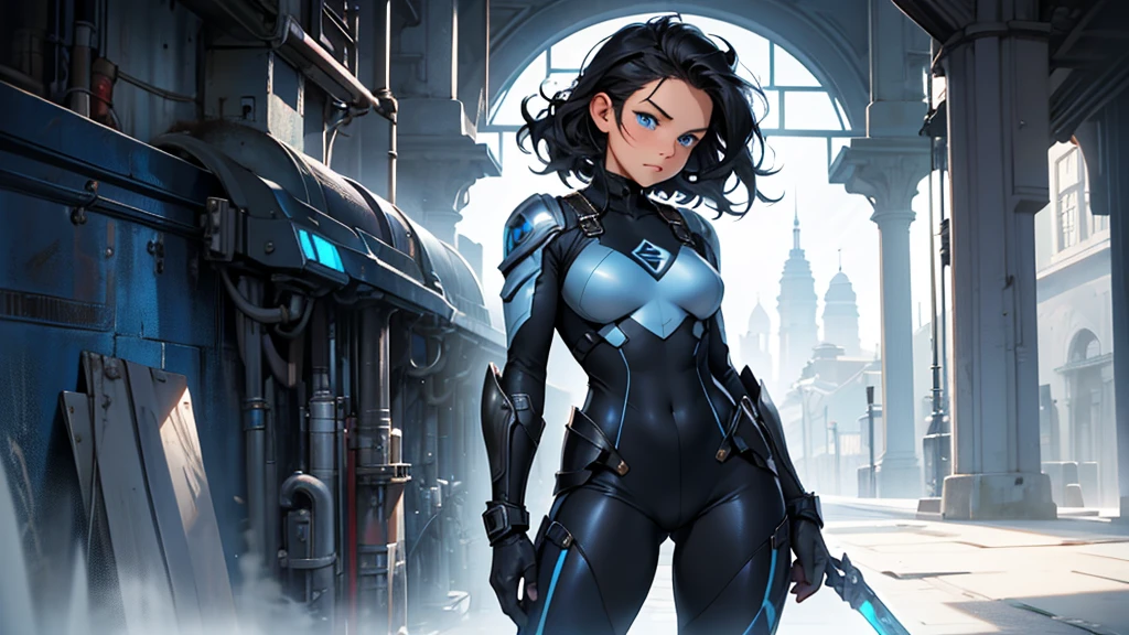 4k ultra HD, masterpiece, character artwork, solo, full length image, head to toe, perfect lighting, human woman, very detailed blue eyes, slightly up-turned cute nose, very lightly blushing cheeks, round face, short curly blue-black hair, determined expression, wearing blue metal armor with a black bodysuit beneath it, knee high blue metal boots with heels, standing up straight, examining her surroundings