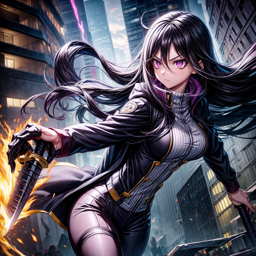 Boku no hero academia girl long black hair light purple eyes and black eyeliner, wear a heroine costume, a black suit with silver highlights, carrying a katana, in the background some buildings, is in a battle against some villains